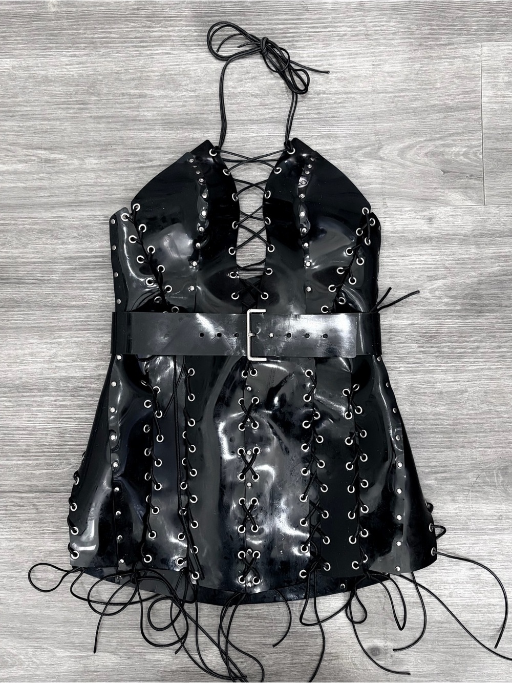Kojaikosti Koja-I-Kosti Dark Vinyl Lace Up Mini Dress with Belt